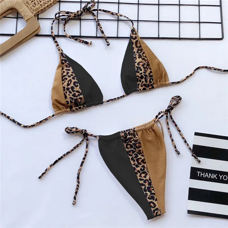 

Fors Sexy micro bikini set Triangle Halter swimsuit female Neon Leopard print patchwork swimwear women High cut bathing suit new