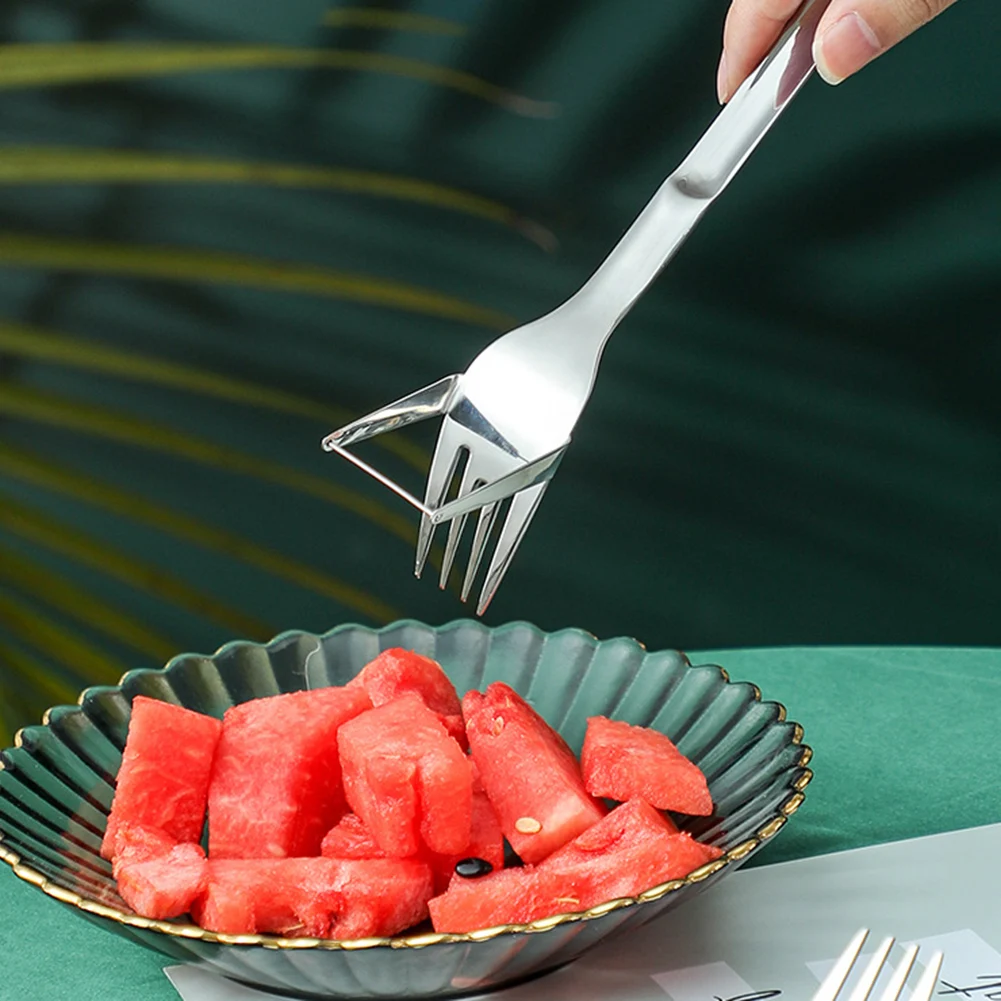 

Stainless Steel Watermelon Fruit Cutting Fork Spoon Portable Tableware Fruit Melon Fork Slicer Cutter Kitchen Accessories