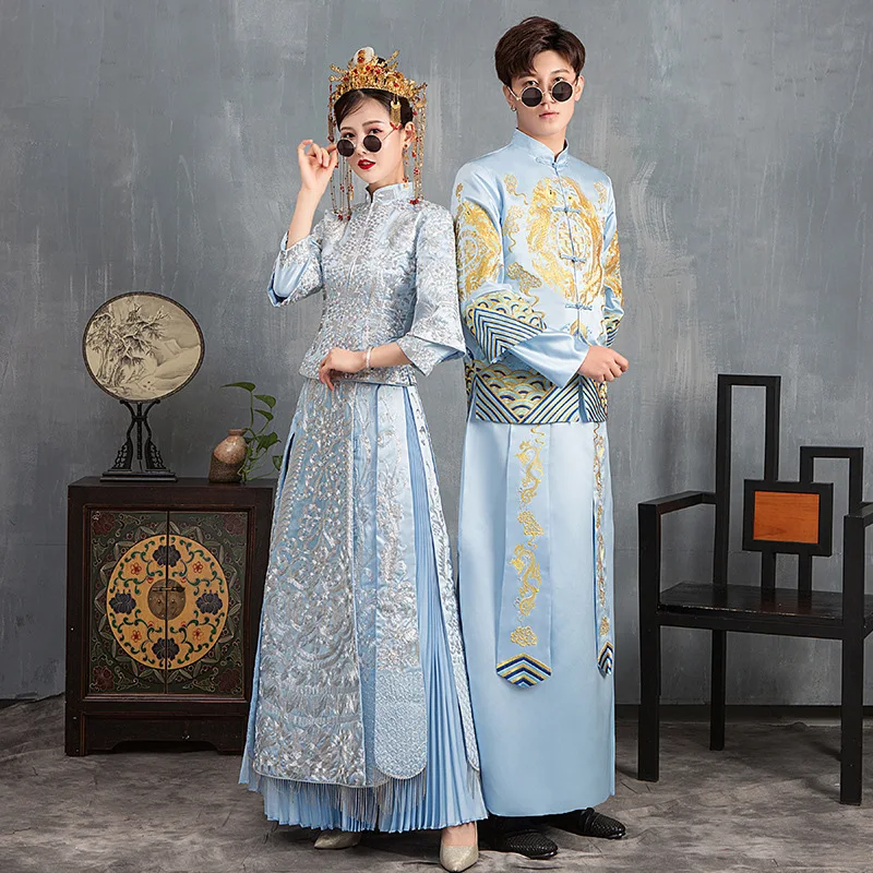 

Exquisite Embroidery Wedding Qipao Blue Female Men Chinese Marriage Cheongsam Tang Suit Flower Elegant Asian Bride Dress Gown
