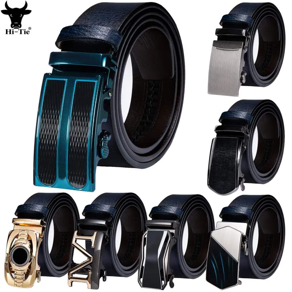Hi-Tie 50 Patterns Automatic Buckles Mens Belts for Men Dark Blue Genuine Leather Ratchet Waistband Dress Jeans Straps Belt XXL