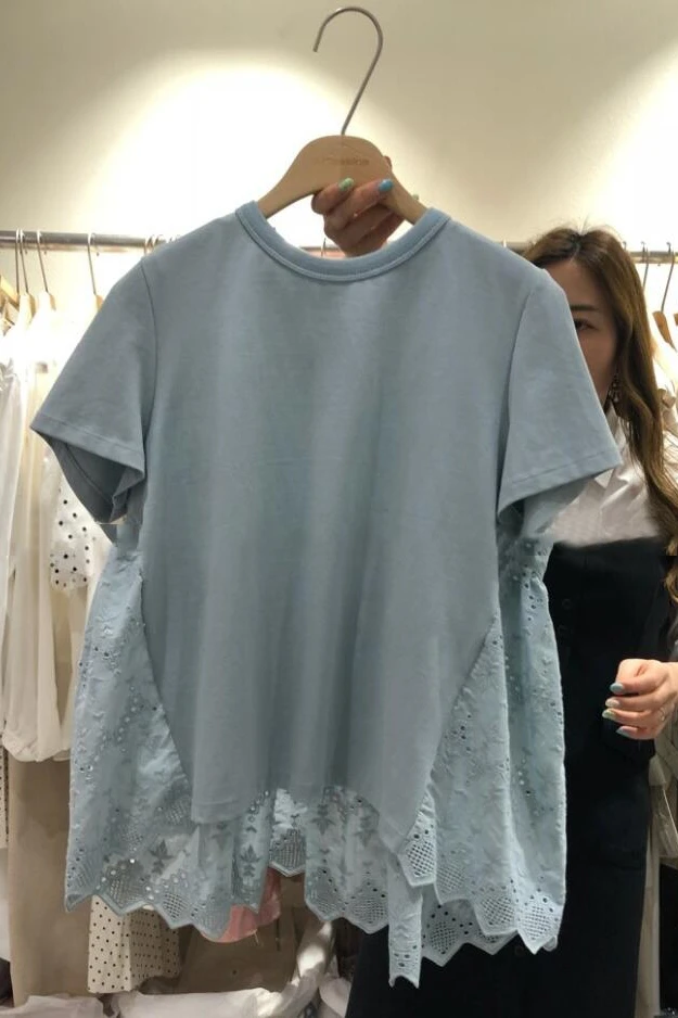 

Back Hollowed-out Lace Patchwork Short-sleeved O Neck T-shirt Women 2021 Summer New Style Doll Top