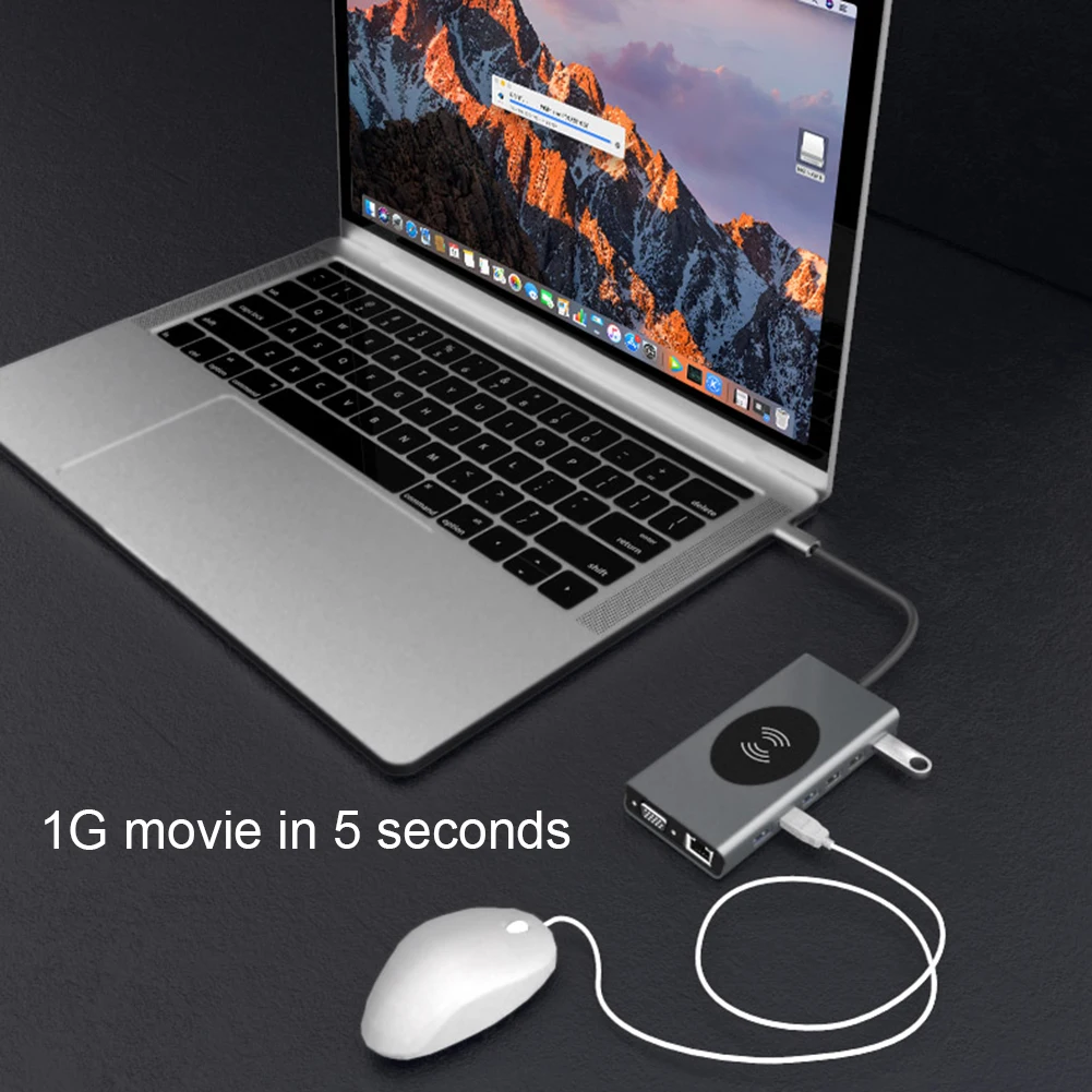 USB Type C к HDMI VGA 1080P USB3.0 * 4 RJ45 PD Audio3.5 SD 10 Вт Беспроводное зарядное устройство