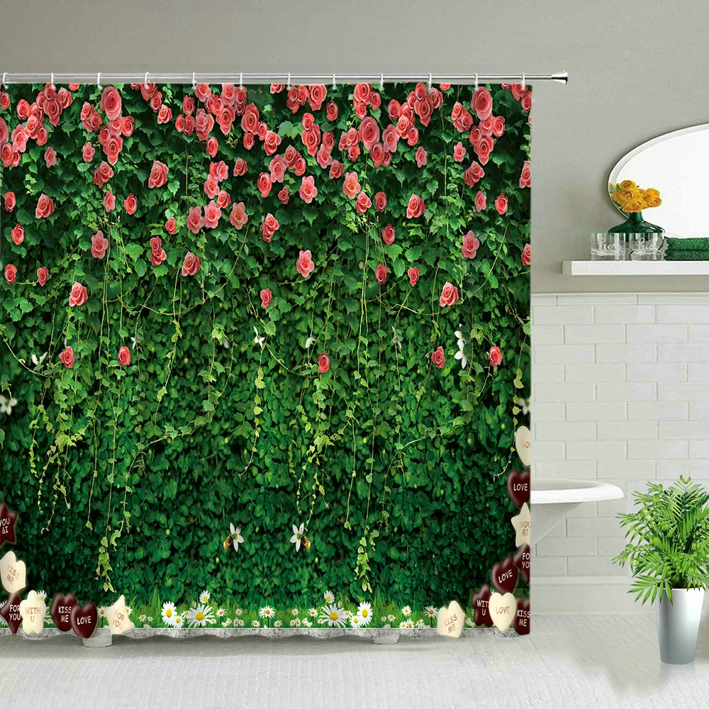 

Flowers Spring Scenery Bathroom Shower Curtain Hooks Street Red Pink Flower Retro Design Garden Wall Decoration Bath Curtains