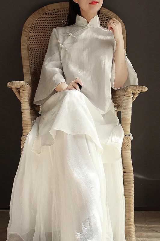 

Summer White Fairy Long Dress Retro Cotton Linen Jacquard Dresses Chinese Improved Buckle Stand Collar Split Cheongsam Dress