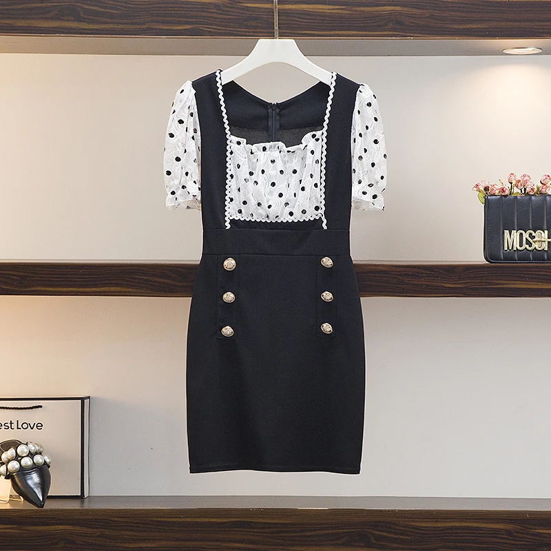 

Женское облегающее платье в горошек, двубортное обтягивающее платье в Корейском стиле с квадратным вырезом и короткими рукавами на лето