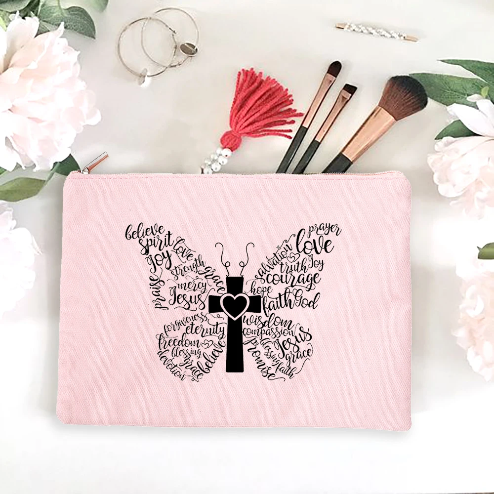 

Love Jesus Cosmetic Cases Bag for Women Travel Size Makeup Zipper Pouch Handbag Canvas Pencil Lipstick Bag My God Christian