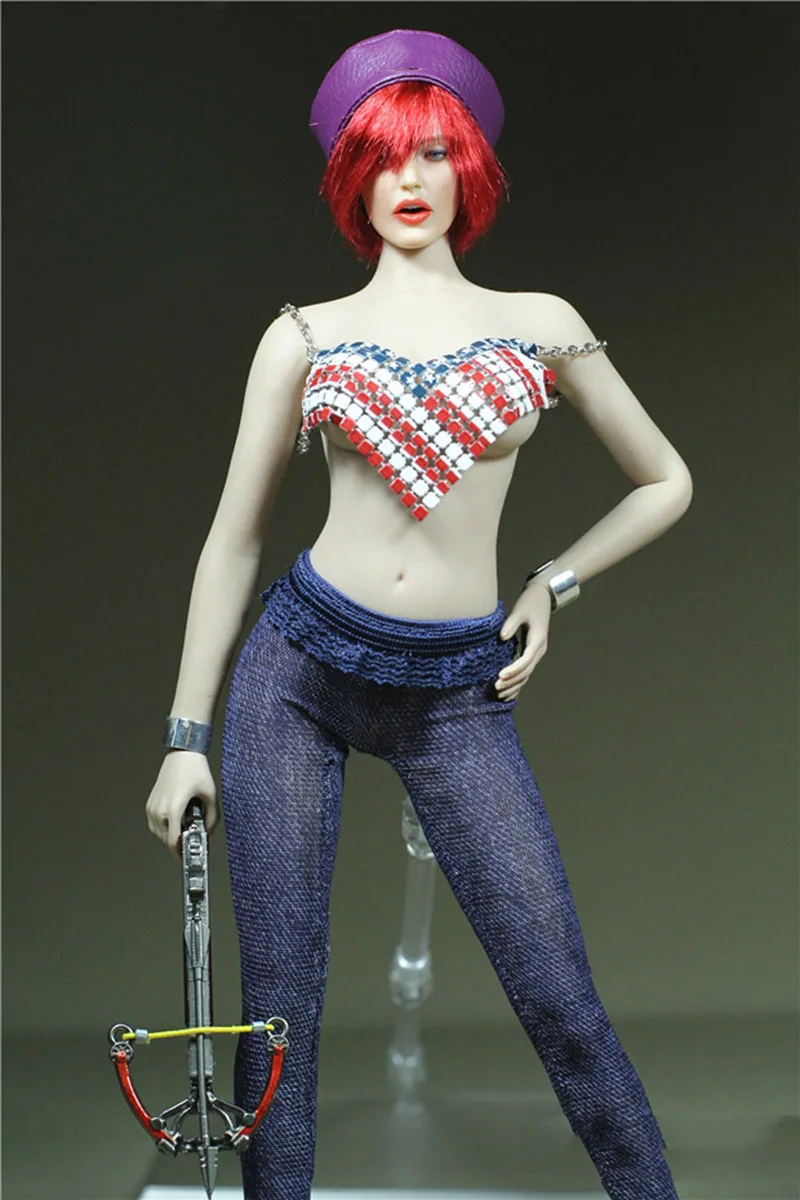 

1/6 Scale Sexy Female Brave Heart Sling Vest Jeans Leather Cap Set Model for 12 inch Action Figure Body Accessories