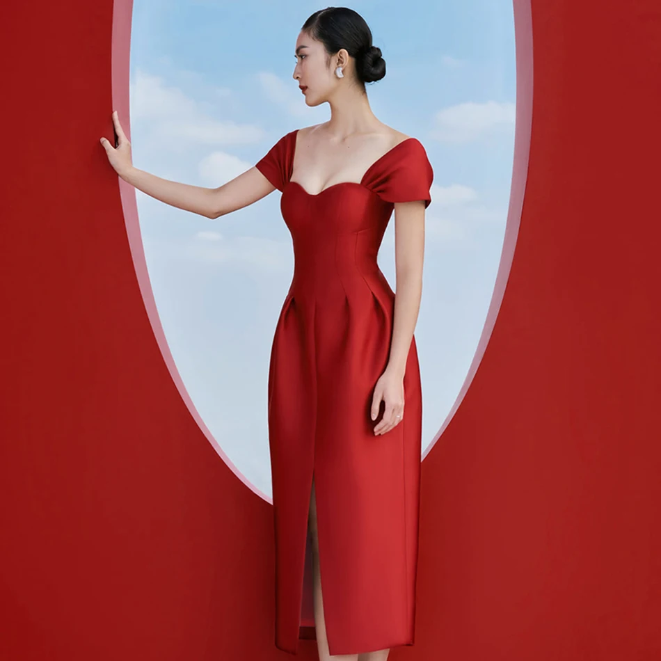 

Adyce New Summer Fashion Red Club Midi Dress For Women Sexy Short Sleeve Elegant Celebrity Evening Runway Party Lady Dress 2021