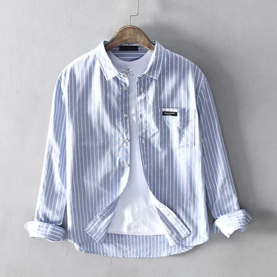 

Men Spring Autumn Fashion Brand Japan Style Vintage Striped Pocket Cotton Long Sleeve Shirt Male Casual Loose Thin Shirt Cloth