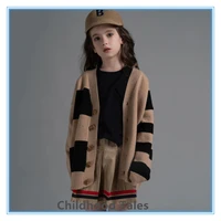girls knitted cardigan medium and large childrens clothing parent child models childrens new striped off shou