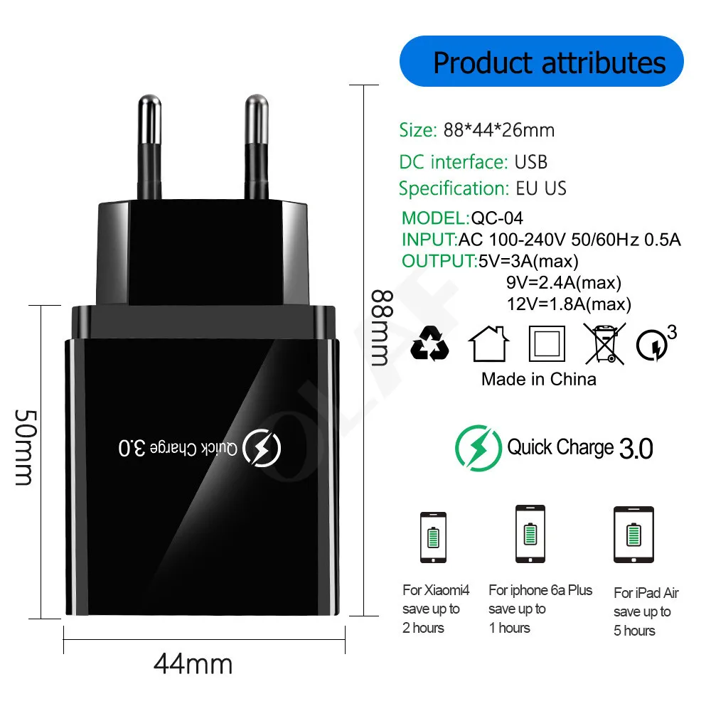 

48W 3.0 Fast Wall Charger for Samsung A50 A30 iPhone 7 8 Xiaomi mi9 Tablet Quick Charger USB Charger QC US EU UK Plug Adapte