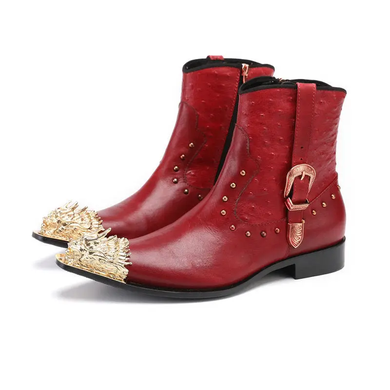 

Red Genuine Leather Ankle Boots Western Cowboy Martin Boots Men Luxury Metal Pointed Toe Club Bar Leisure Party Celebrity Boots
