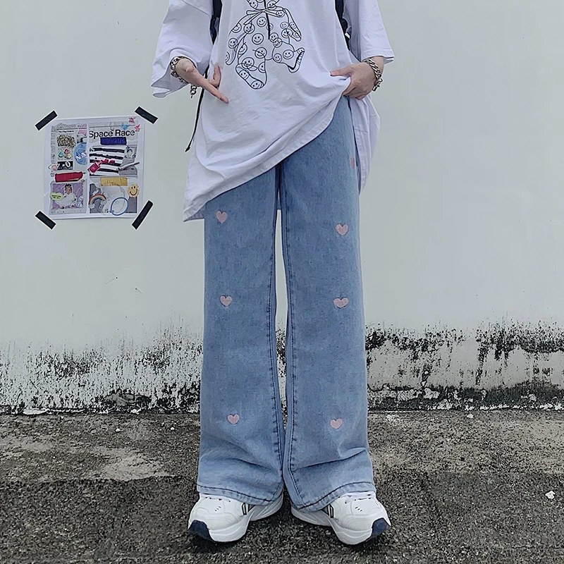 

Summer Vintage Washed Ladies Embroidered Love Pattern Jeans Commuter Loose Straight Leg Thin Wide-Legged Daddy Mopping Pants