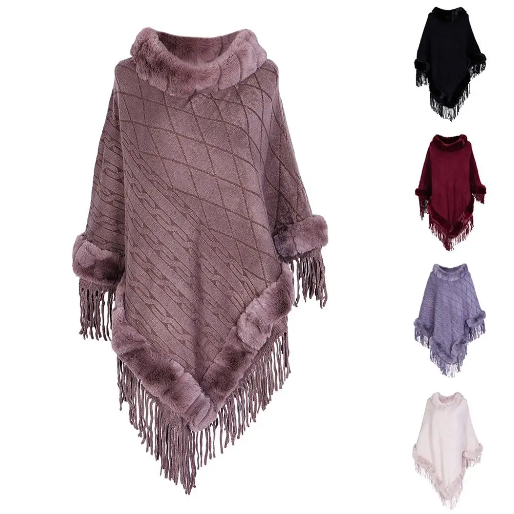 Женская Лоскутная накидка кашемировая с меховым воротником пончо для осени и