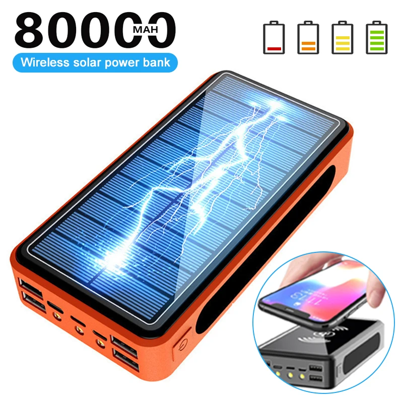 

80000mAh Солнечный беспроводной внешний аккумулятор портативный 4USB со светодиодной внешней батареей повербанк мобильный телефон зарядное уст...