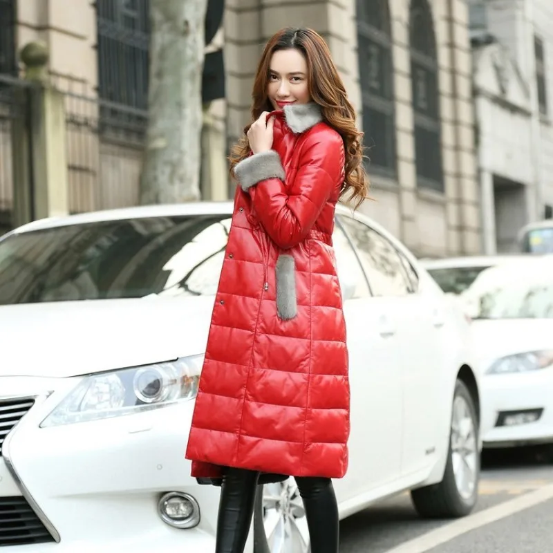

Real Elegant Leather Winter Down Coat Female Streetwear Slim Fit Fur Collar Warm Overcoat Luxury Fashion Red Black Long Outwear