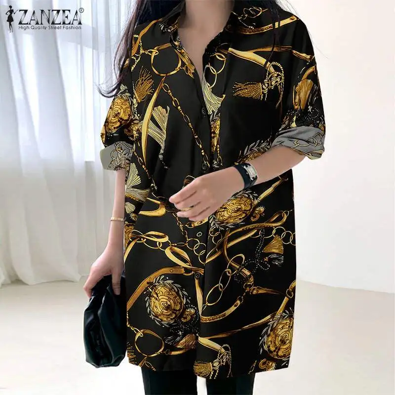 

ZANZEA Elegant Print Shirts 2022 Autumn Long Sleeve Blouses Stylish Turn-down Collar Tops Casual Office Work OL Blusas Oversized