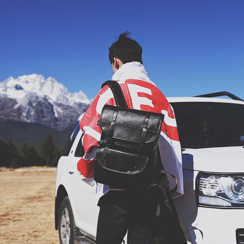 

Men Backpack Leather Bagpack Large laptop Backpacks Male Mochilas Retro Schoolbag For Teenagers Boys Patchwork Color Brown Black