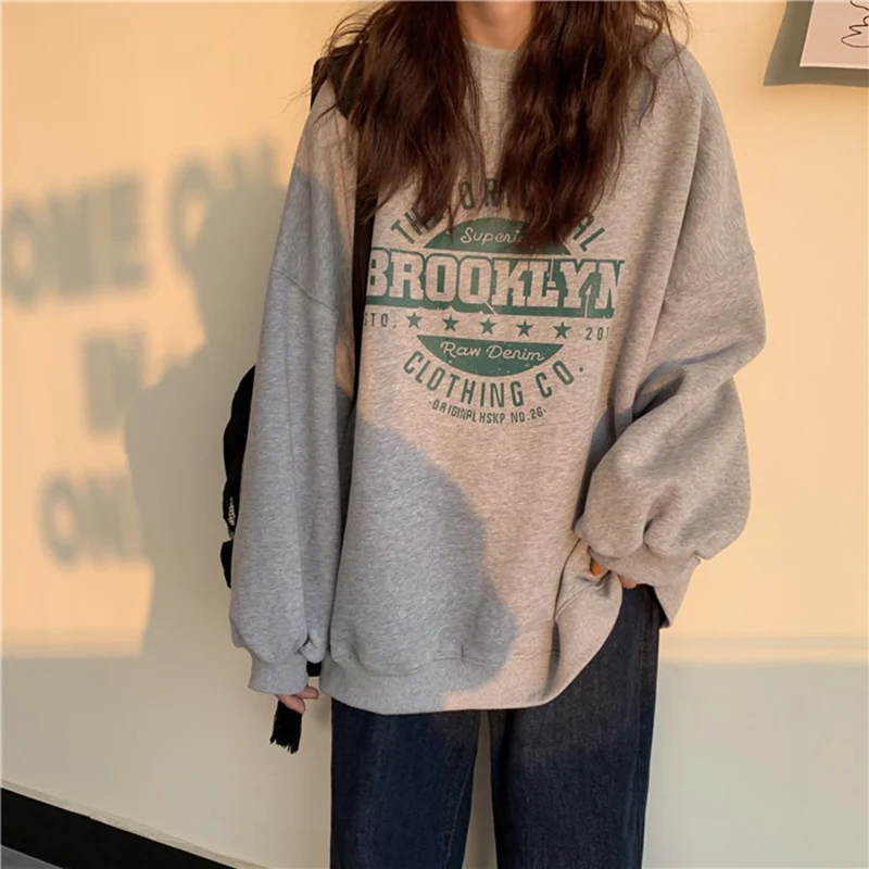 

Пуловер с круглым вырезом и надписью Brooklyn, женские осенние пуловеры, новый стиль, корейский стиль, повседневный Свитшот средней длины, женск...