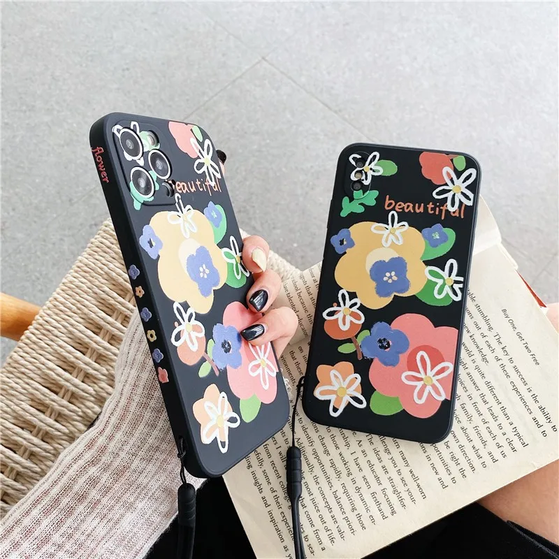 

Cute Liquid Side Relief Bear Flowers Female Soft Case For Iphone 11 12 Pro Max 7 8 Plus Xr X Xs Se 2 Leather Phone Cover Fundas