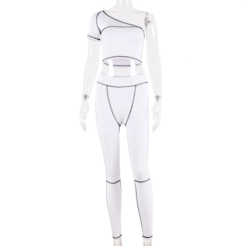 

Women Casual Fitness Tracksuits Workout 2 Two Piece Matching Set One-shoulder Crop Top High Waist Elastic Leggings Outfit