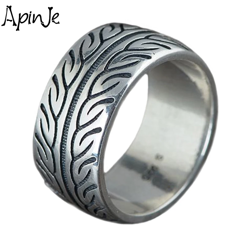 

Apinje 925 Sterling Silver Punk Ring For Men Vintage Style Tire Pattern Rings Thai Silver Jewelry