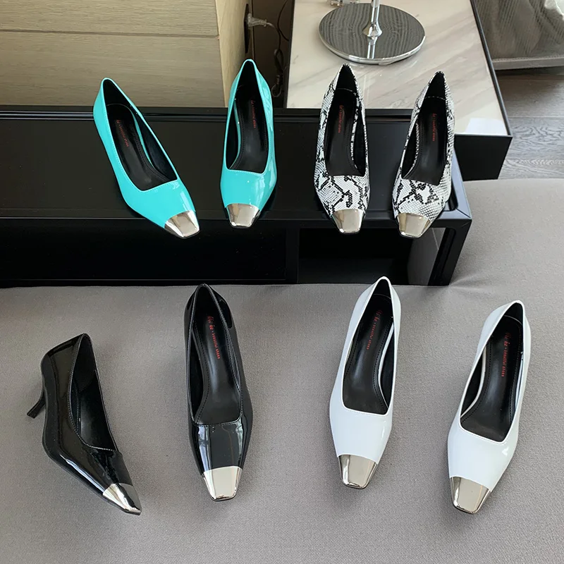 

2022 Spring Elegant WomenBlue White High Heels Prom Pumps Scarpins Designer Patent Leather Square Toe Stiletto Heels Dress Shoes