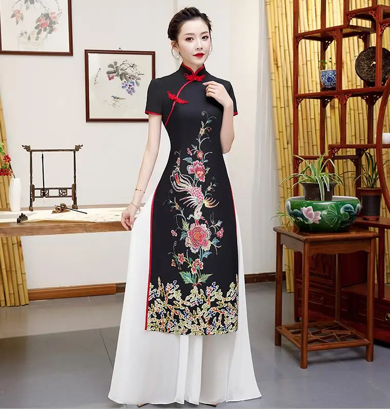 Черное женское платье для невесты Cheongsam AO Dai вечерние платья длиной до щиколотки