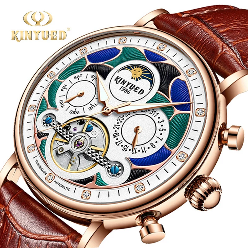 KINYUED New Men's Automatic Mechanical Watch Skeleton Design Waterproof Moon Phase Leather Strap Male Tourbillon Watches J079 ik skeleton tourbillon mechanical watch men s fashion waterproof full size men s business watches leather speed watch men s watc