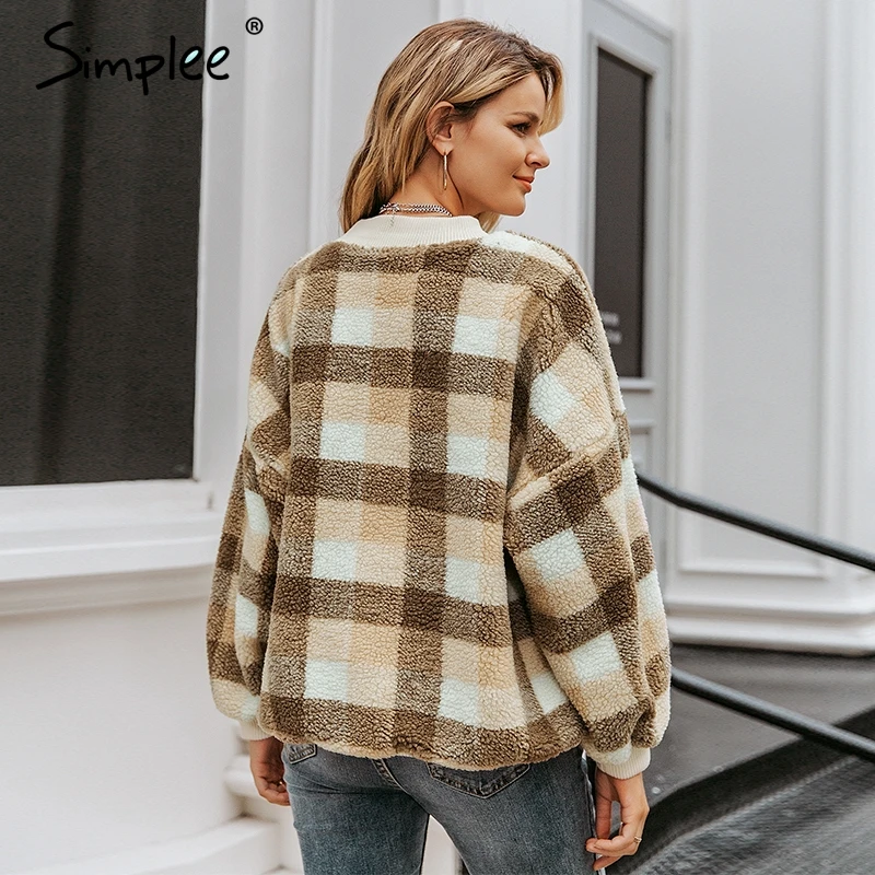 Simplee Casual lambswool plaid women hoodies sweatshirts O neck pullover loose female sweatshirt Autumn winter ladies warm coat