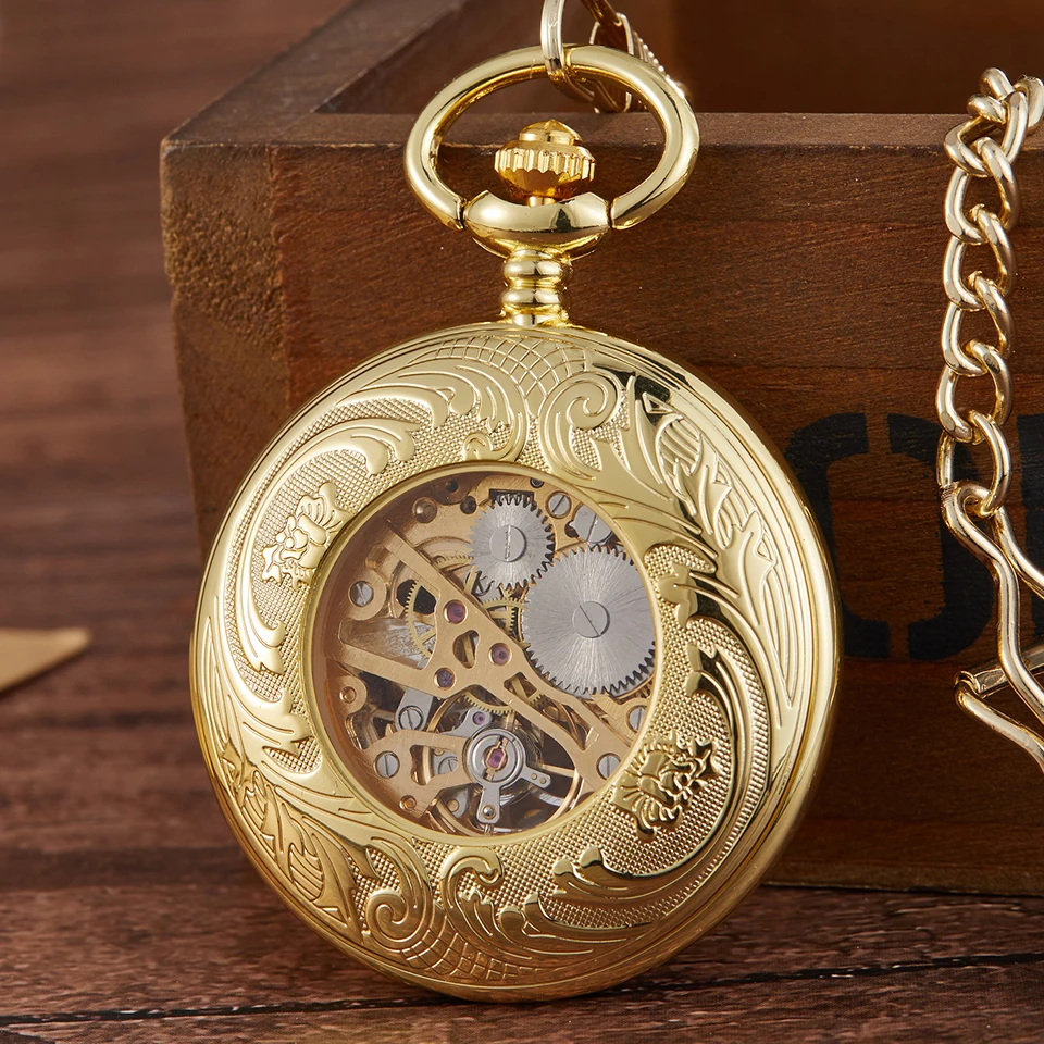 Retro Bronze Gold Mechanical Pocket Watch Vintage Hollow Gear Engraved Pocket Watches Fob Chain Necklace Flip Hand Winding Clock