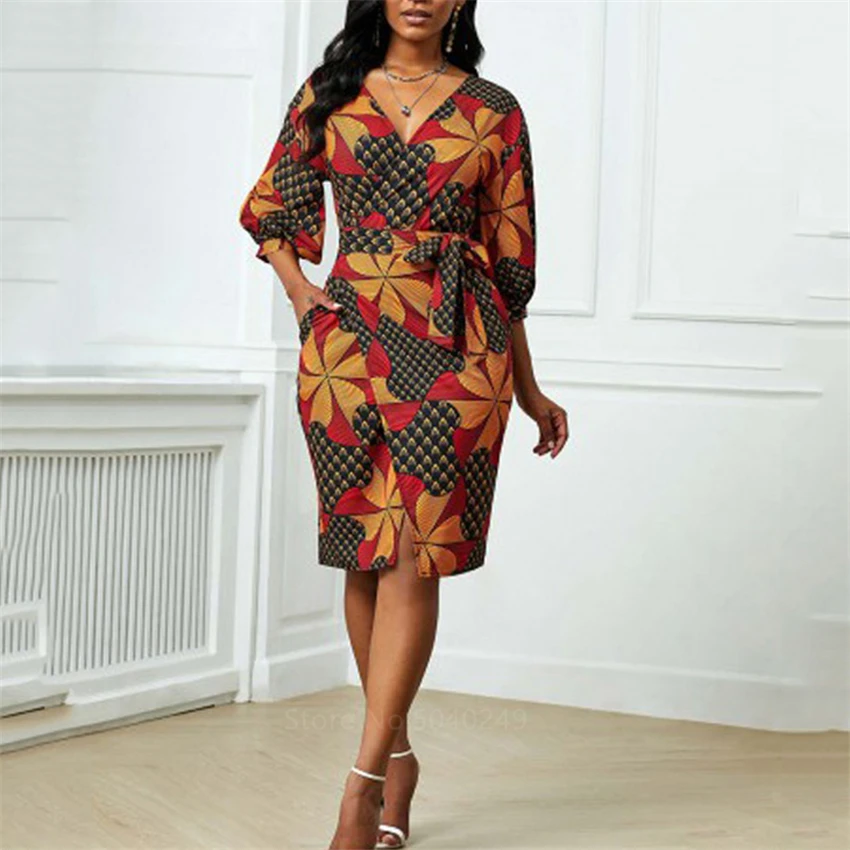 

African Clothes Women African Dashiki Dress Ethnic Bazin Rich V-neck Lantern Sleeve Slim Waist Sexy Cardigan European Clothing