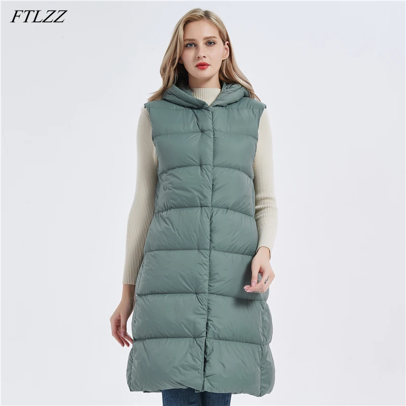 FTLZZ Winter Hooded Light Vest Jacket Women 90% White Duck Down Underwaist Coat Slim Long Parker Casual Fit Sleeveless Outwear