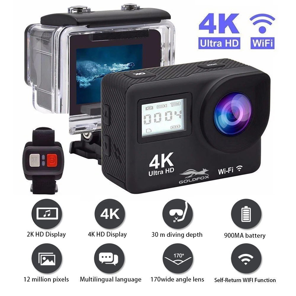 Экшн камера 4K Wi Fi сенсорный экран 2 0 дюйма видеокамера 12 МП водонепроницаемость 30