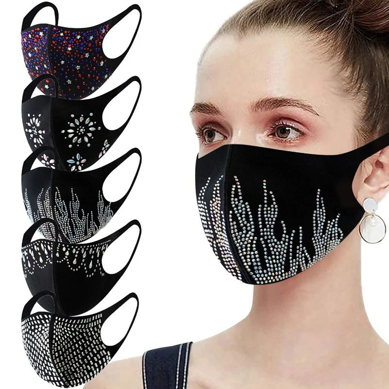 

Adult's Reusable Cotton Linen Black Mouth Mask With Shiny Crystal Hot Drilling Dustproof Face Masks Party Decoration Mascarillas
