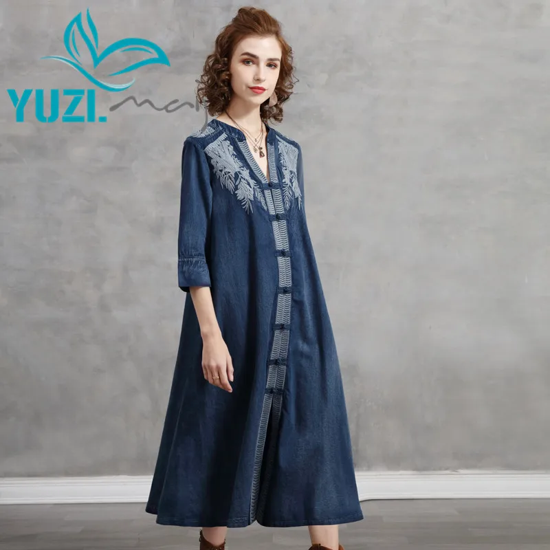 Summer Dress 2021 Yuzi.may Boho New Denim Women Dresses V-Neck Stand Collar Three Quarter Sleeve Loose Vestidos A82289  Vestido