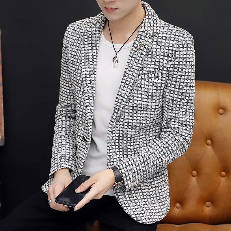 Korean Style Men Business Casual Blazer Slim Fit Black White Grey Plaid Jacket Coat Formal Wedding Suit Blazers Spring Autumn | Мужская