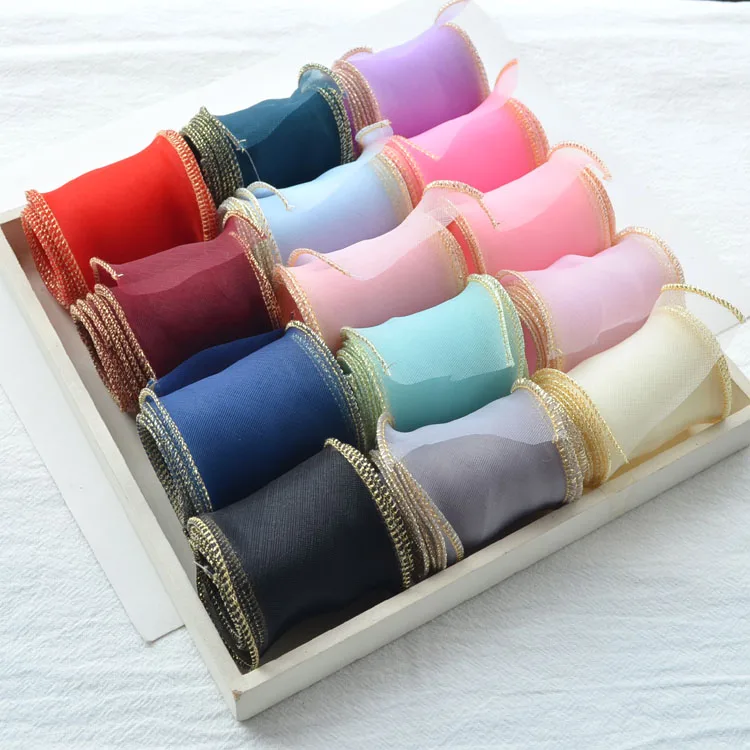 Лента из шифоновой органзы с золотым краем 55 мм|Ленты для шитья| |