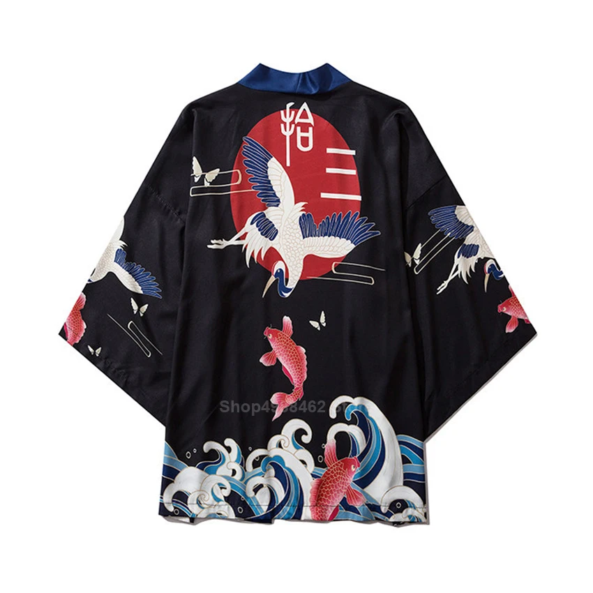 

Loose Style Harajuku Women Japanese Haori Cardigan Kimono Thin Fashion Ukiyo-e KOI Crane Print Samurai Yukata Coat Clothing