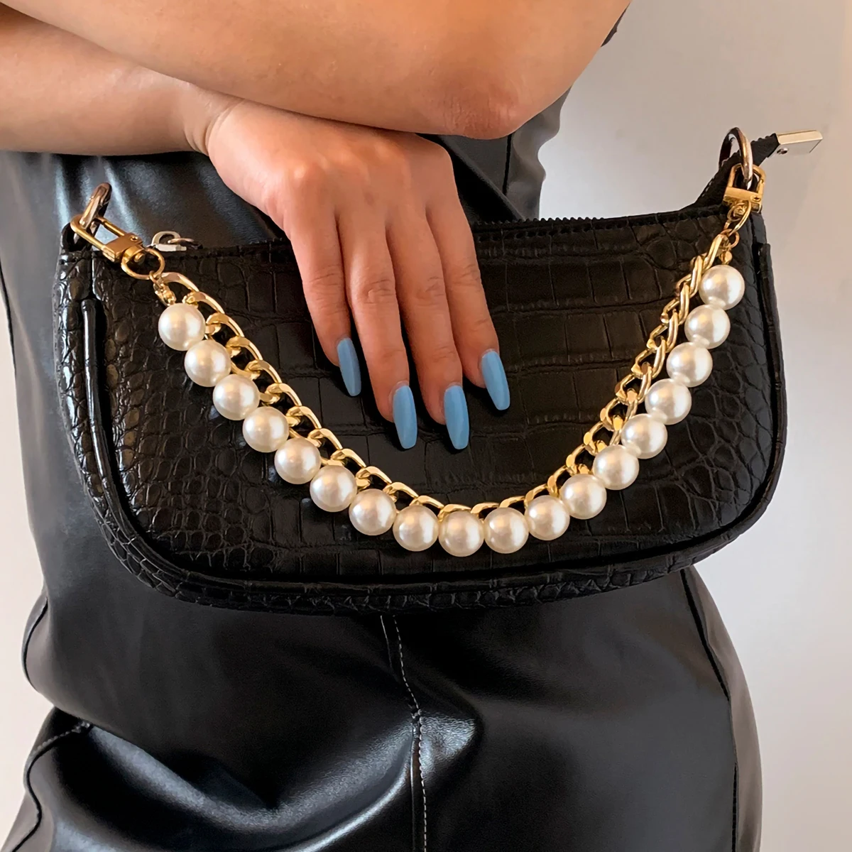 

IngeSight.Z Vintage Double Layered Chunky Thick Curb Link Bag Chains Punk Big Imitation Pearl Straps Bag Chain for Women Jewelry