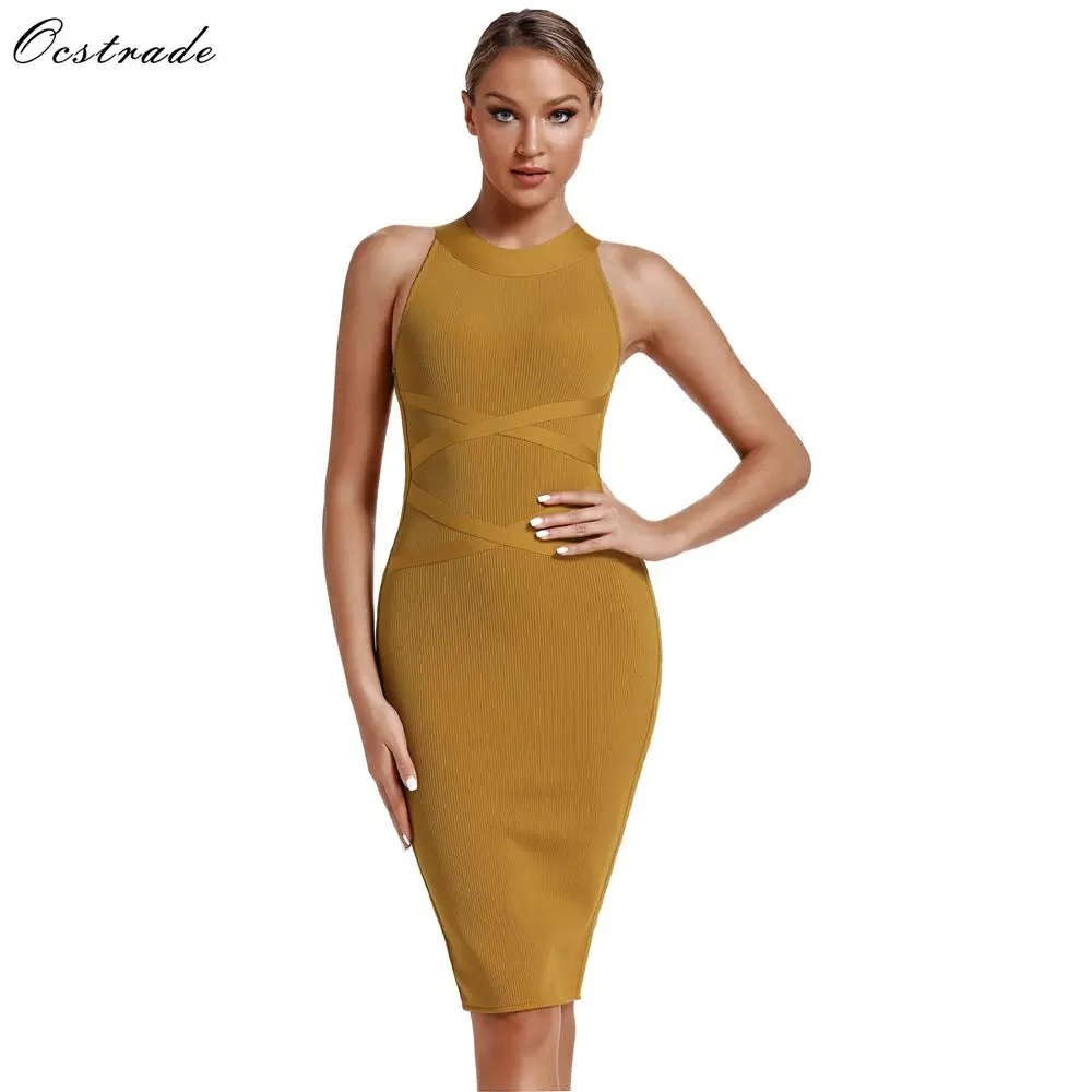 Ocstrade, женская новая коллекция, Vestido Bandagem, миди,, летнее, вискозное, облегающее, Бандажное платье, желтое, сексуальные, вечерние, для ночного клуба