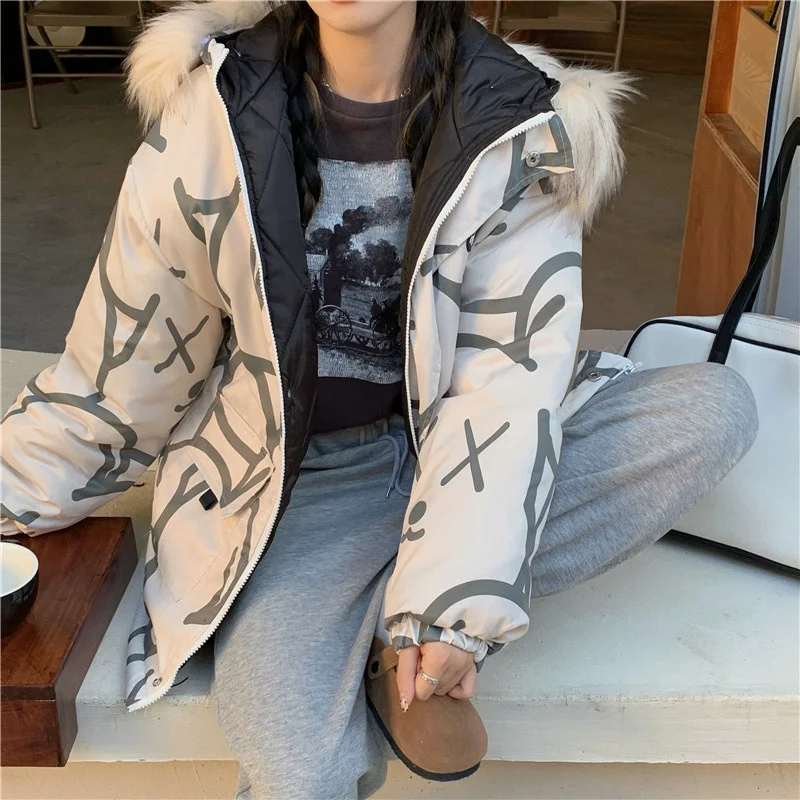 

Хлопковая одежда, хлопковая одежда, дизайнерский женский топ свободного покроя с маленьким милым большим шерстяным воротником на зиму, 2021