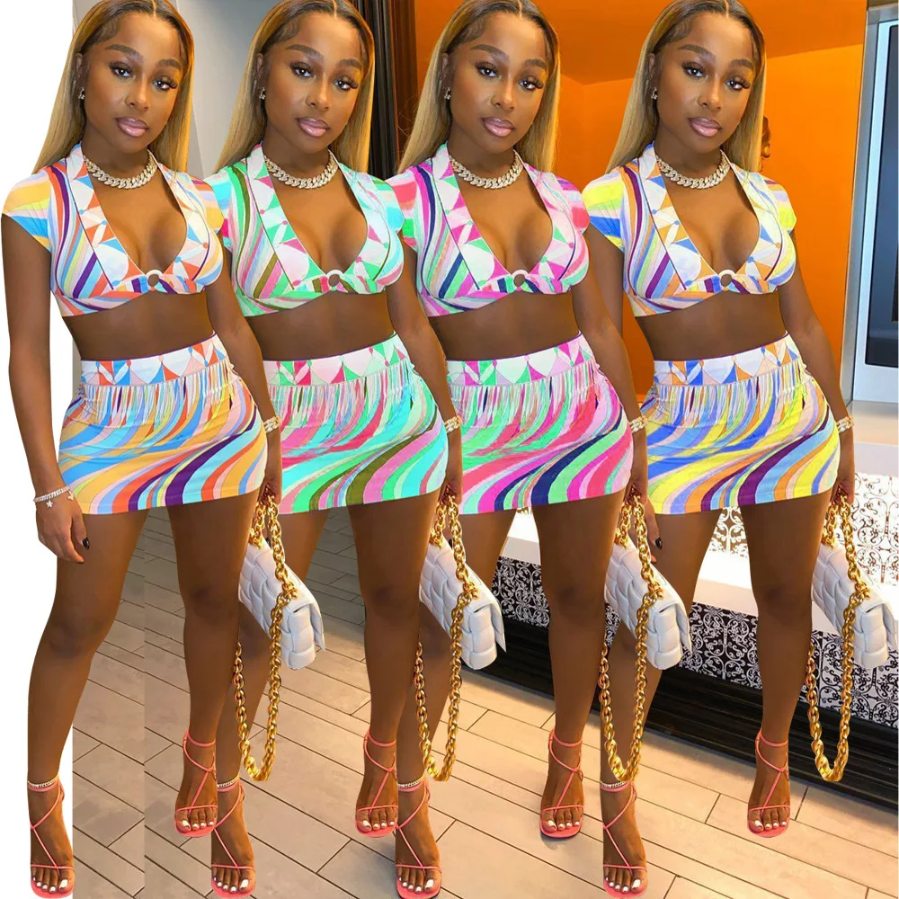 

Adogirl Color Printing Sexy Two Piece Set Women Deep V Crop Top And Mini Skirt Set Night Fashion Tracksuit 2021 Club Party Out