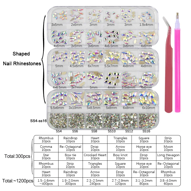 

Новый 12 Сетка Коробка с украшением в виде кристаллов Стекло камни в форме диамантами + ногтей Стразы SS4-SS16 для 3D украшения для ногтей с плоско...