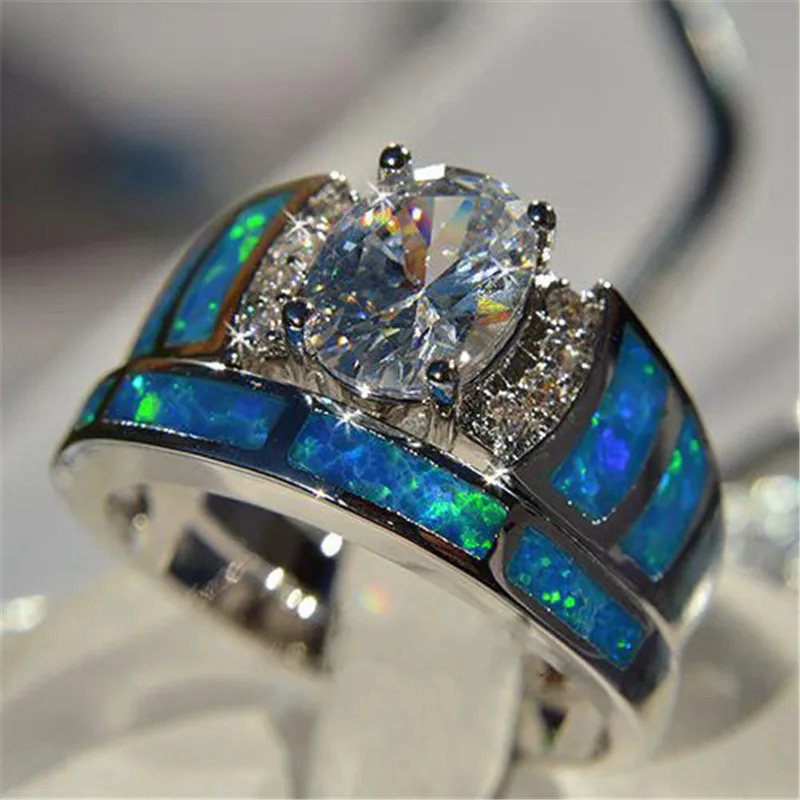 

2Pcs/Set Rings For Women White Blue Opal Jewelry Inlaid Fine Prong Wedding Ring Sz 5-10