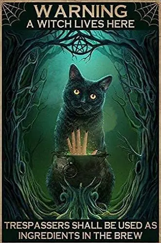 

Cat Metal Tin SignWarning A Witch Lives Here Trespa Sseres Shall Be Used As Ingredients In The BrewFace Poster Home Bathroom