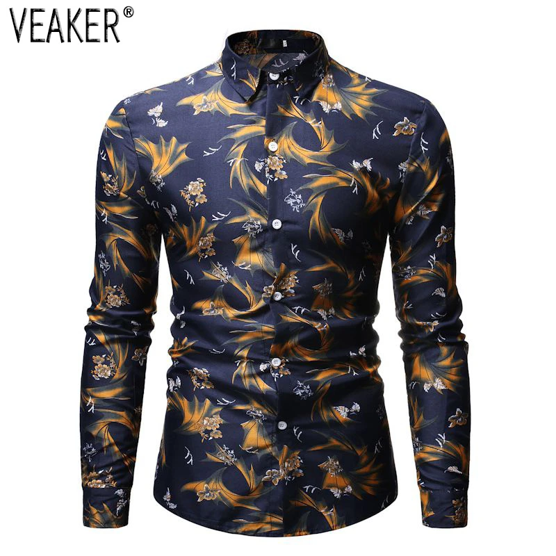 2019 Herfst Nieuwe mannen Bloem Gedrukt рубашка Топы Mannelijke Slim Fit Lange Mouwen Повседневная с