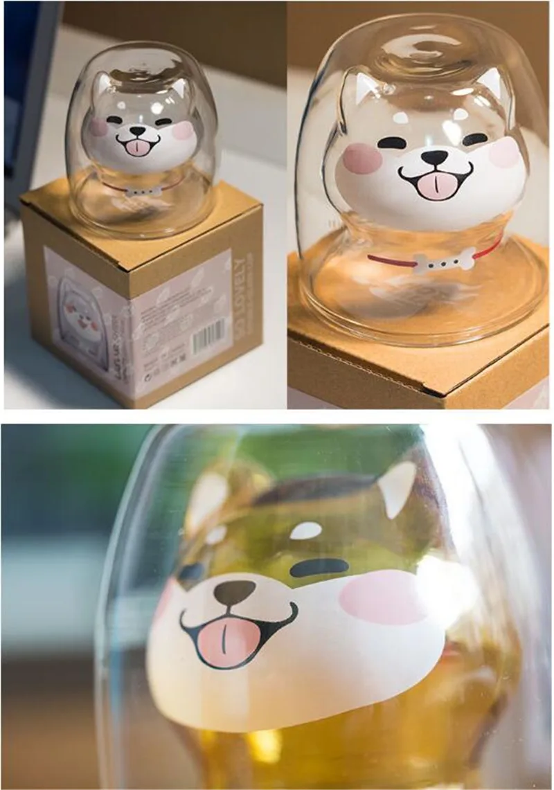 Милые Косплей Shiba «Лисья Секретная служба»(Inu чашки Стекло двойной-Слои термостойкого Кофе Чай сок LuckyCup тапочки с изображением милой собаки прозрачный Цветной детский молочный напитки