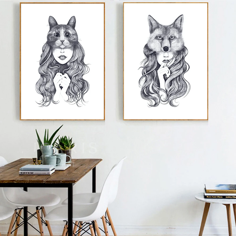

Fox Cat Flowers Girl Abstract illustration Canvas Painting Wall Art Nordic Posters and Prints Wall Pictures for Living Room Deco