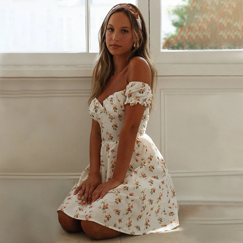 Женское платье с открытыми плечами летние пляжные Мини Платья цветочным принтом